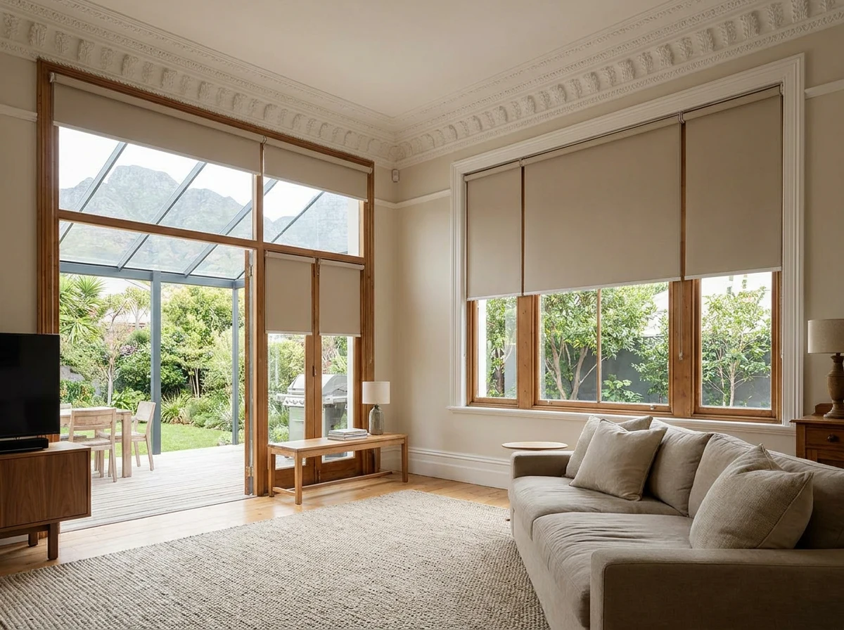 Neutral rope-beige roller blinds on tall glazed doors in an Oranjezicht heritage living room, ornate plaster cornicing above and a Table Mountain view through the glass extension